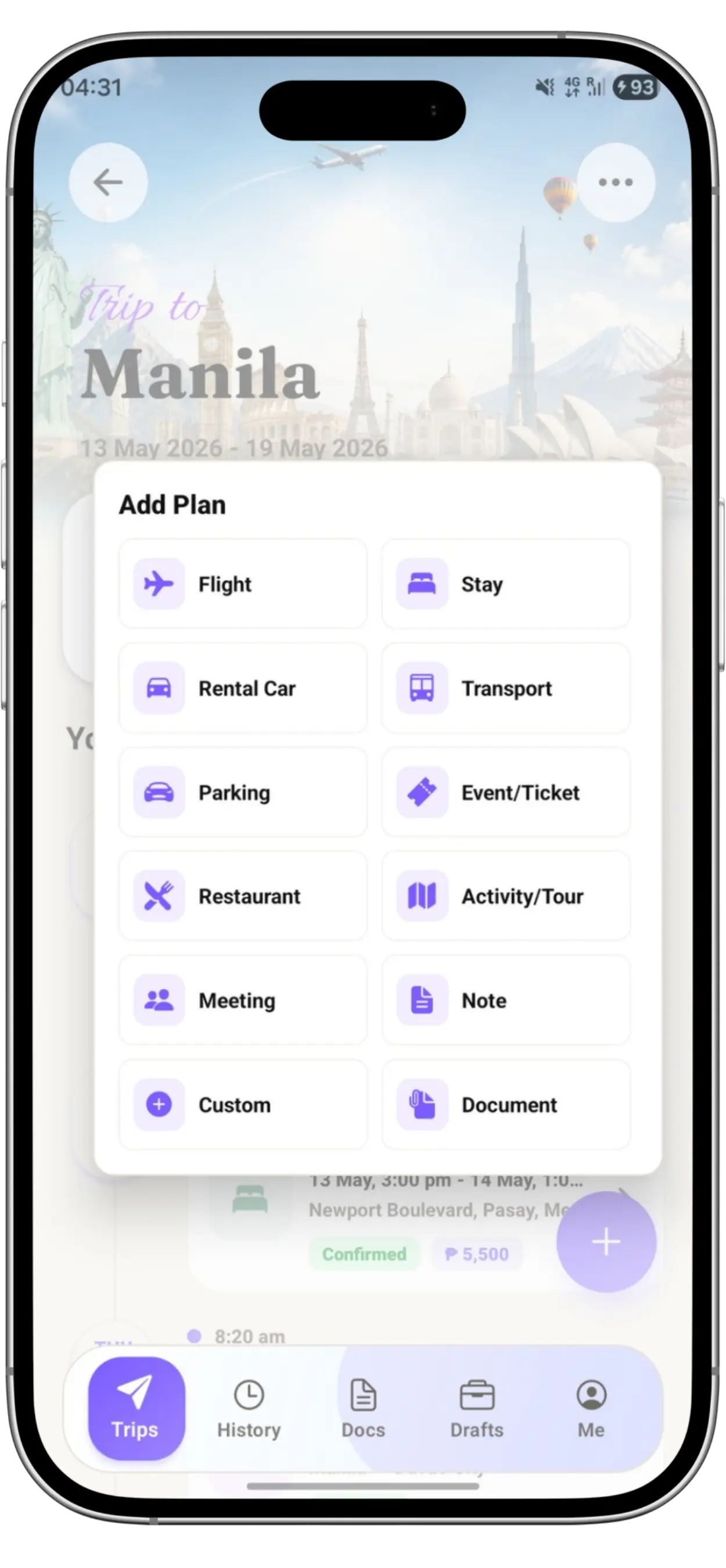 TripCache add flights hotels cars activities and tickets screen