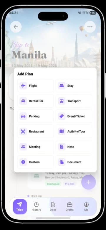 TripCache screen for adding flights hotels rental cars tickets notes and custom trip items