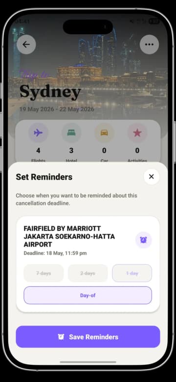 TripCache free cancellation reminder screen for refundable travel bookings