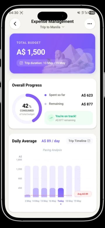 TripCache expense management screen for receipts costs and travel budgets
