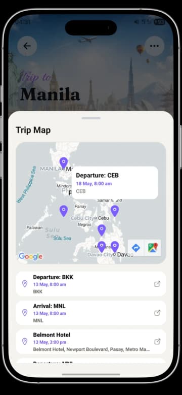 TripCache trip map screen showing destinations stays and activities
