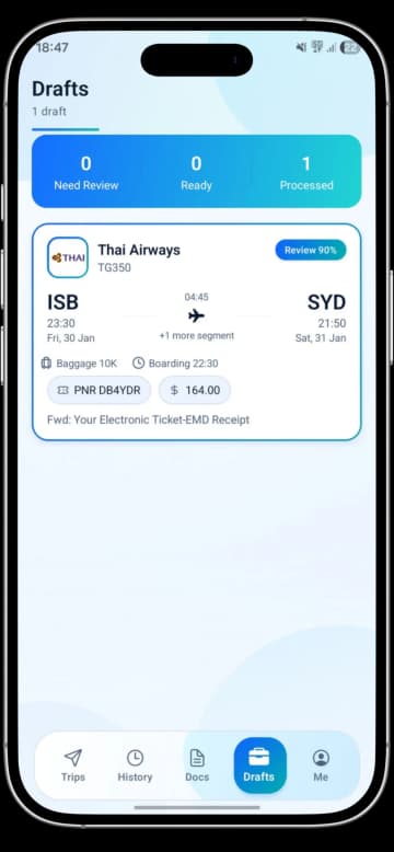 TripCache draft itinerary review screen