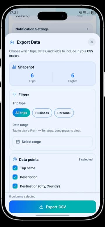 TripCache CSV export screen for travel expense reports
