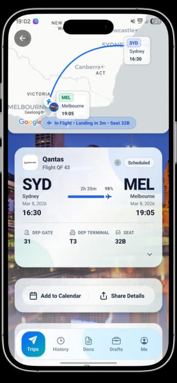 TripCache live flight tracking screen with status and travel details