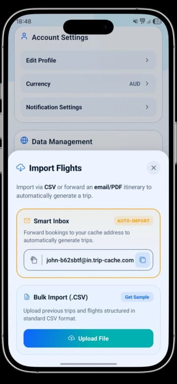 TripCache email import screen for booking confirmations