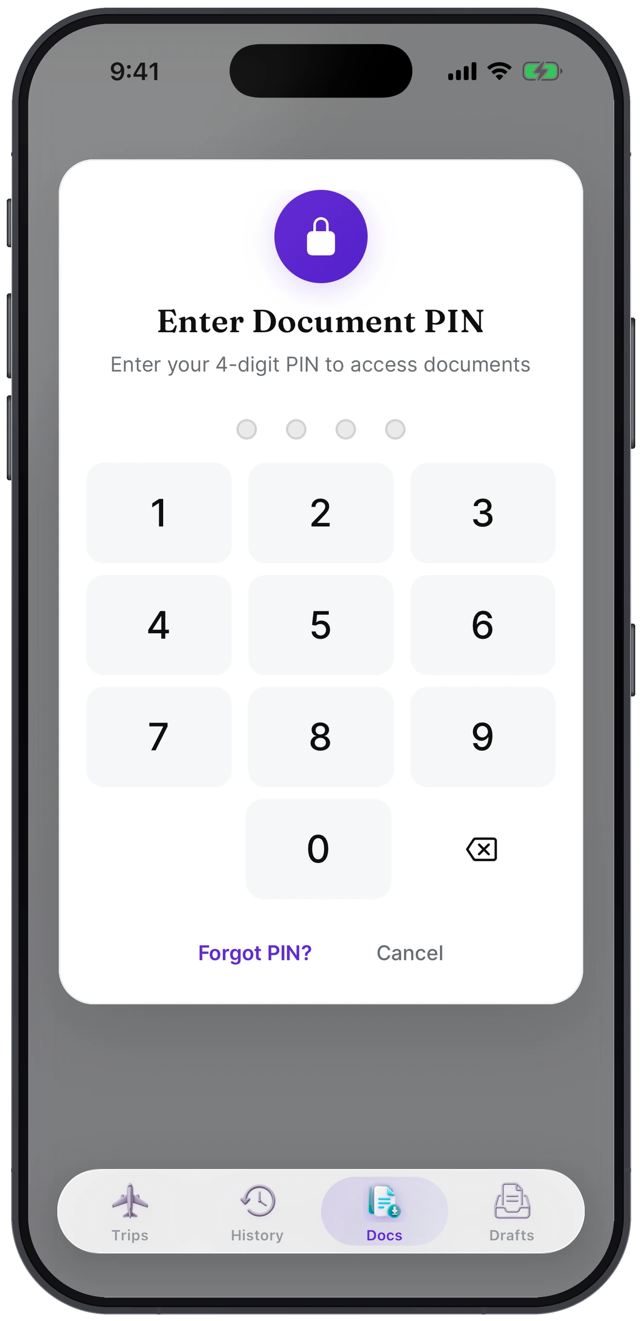 TripCache document vault asking for a 4-digit PIN