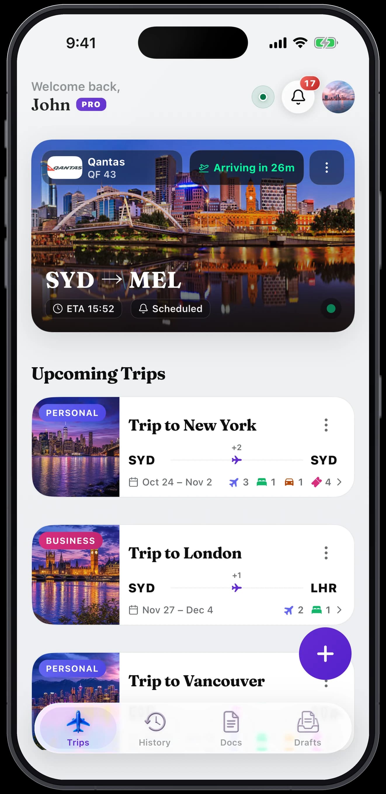 TripCache home screen with the next flight and upcoming trips