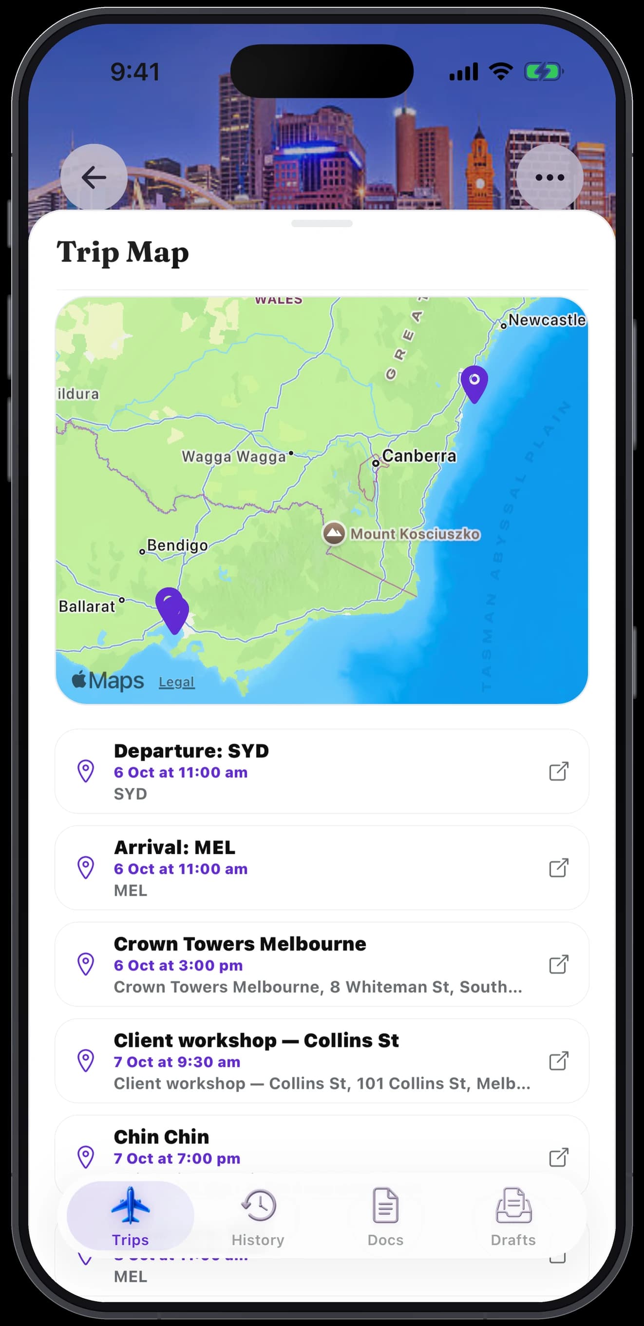 TripCache trip map with flight and hotel stops pinned across Australia