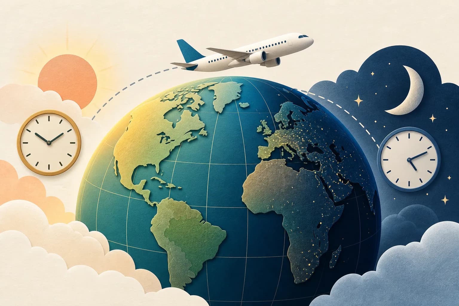 An airplane crosses a globe between daylight and night, illustrating flight time zones