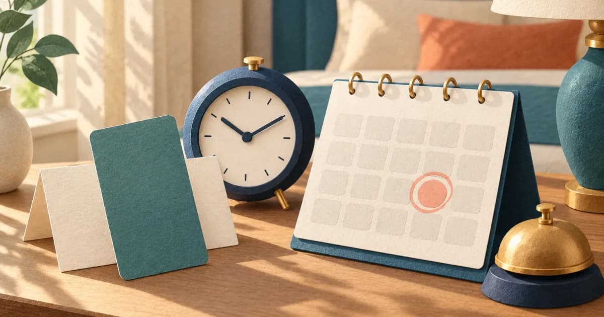 Cut-paper illustration of a hotel key card, alarm clock and desk calendar with one day circled, representing a cancellation deadline