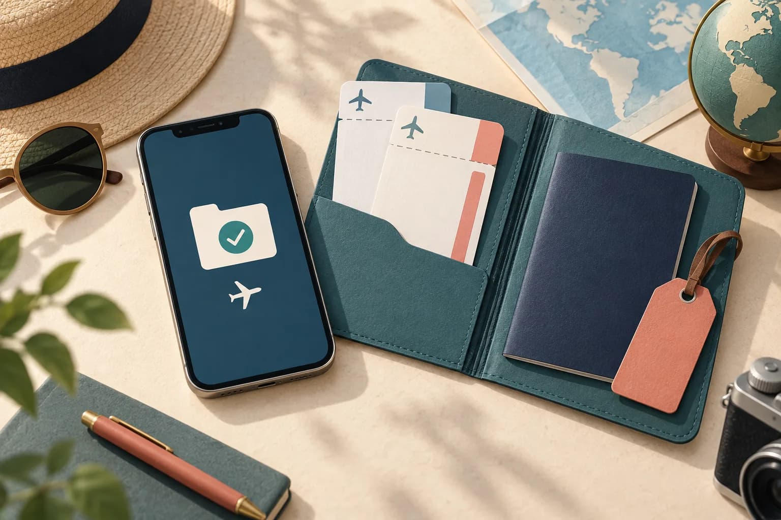 A phone beside a travel document folder and an airplane-mode symbol, ready for offline access