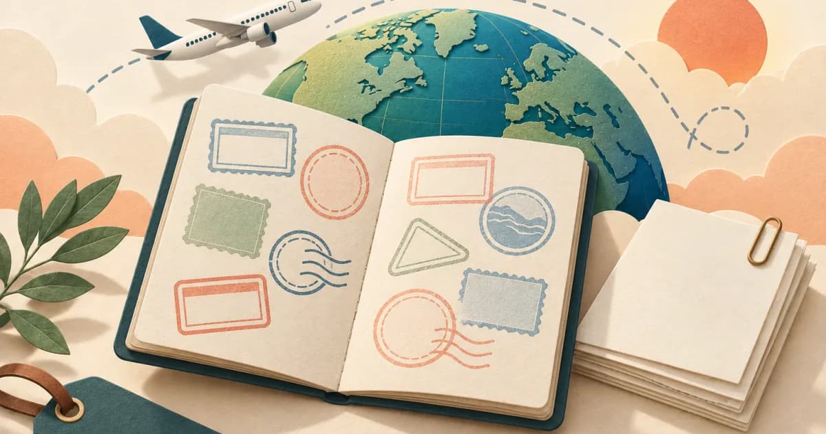 Cut-paper illustration of an open passport with travel stamps in front of a globe and a dotted flight path