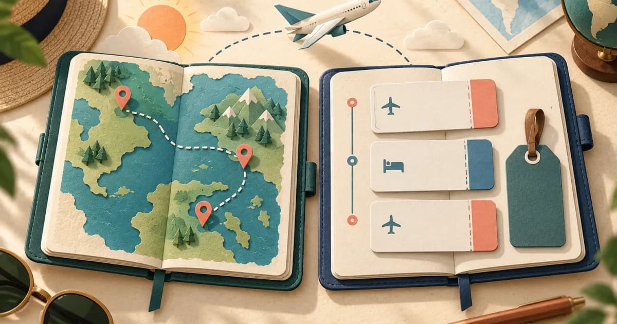 Cut-paper illustration of two open notebooks: a route map with pins beside a timeline of tickets, comparing trip planning with booking organization